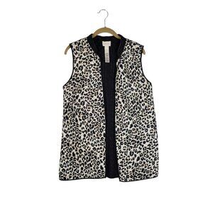 Chicos Reversible Vest Leopard Animal Print Black Quilted Longline Size 1 Medium
